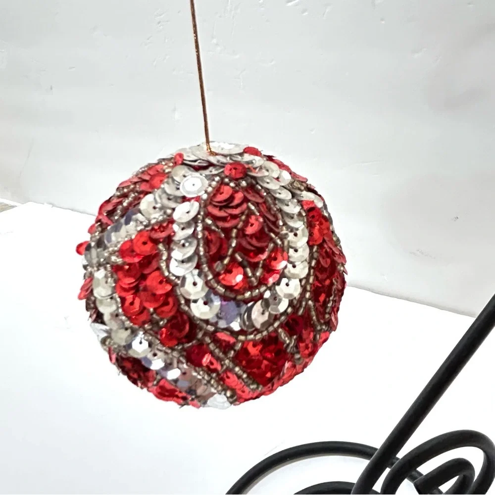 Vintage Red and silver Sequined Christmas Ornament